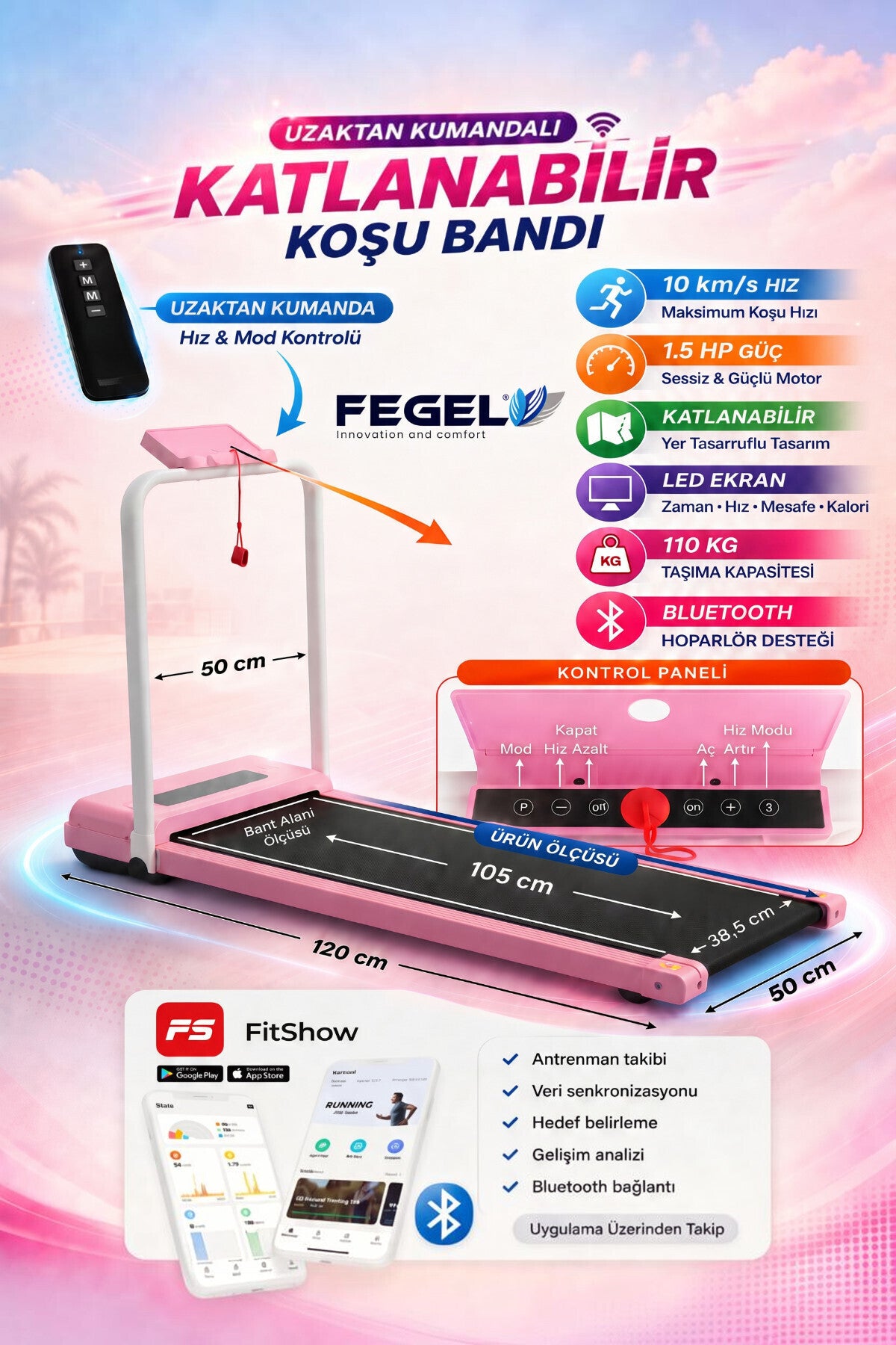 Fegel FG-07 Katlanabilir Koşu Bandı - Pembe 5