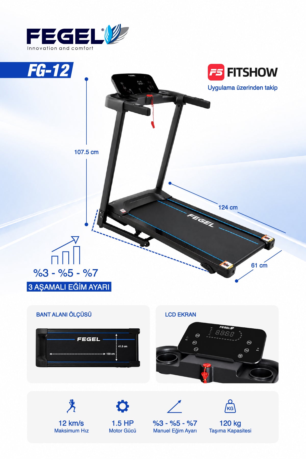 Fegel FG-12 Otomatik Eğimli Koşu Bandı - Fitshow Destekli