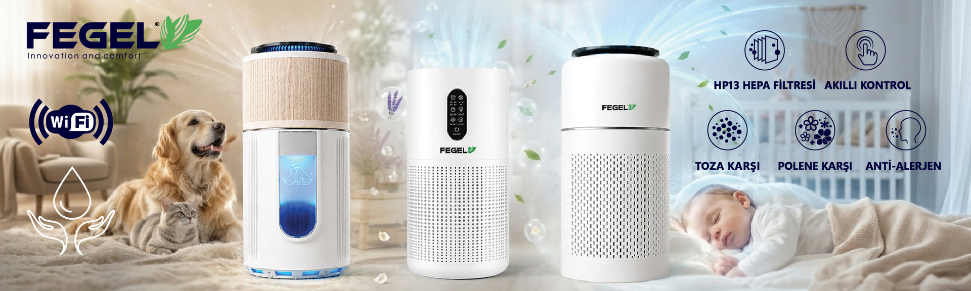 Fegel FG-201, FG-202 ve FG-M03N HEPA filtreli hava temizleyiciler