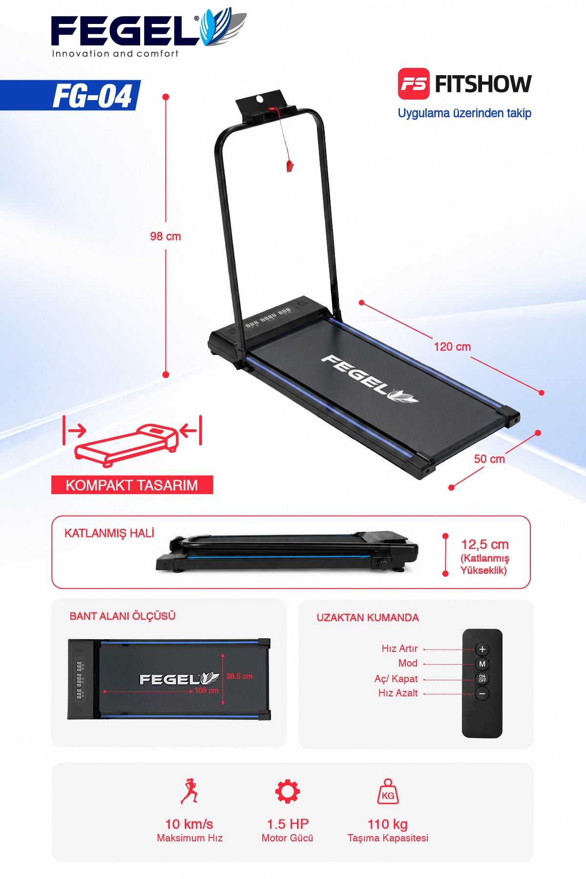 FG-04 koşu bandı ölçüleri ve teknik özellikler