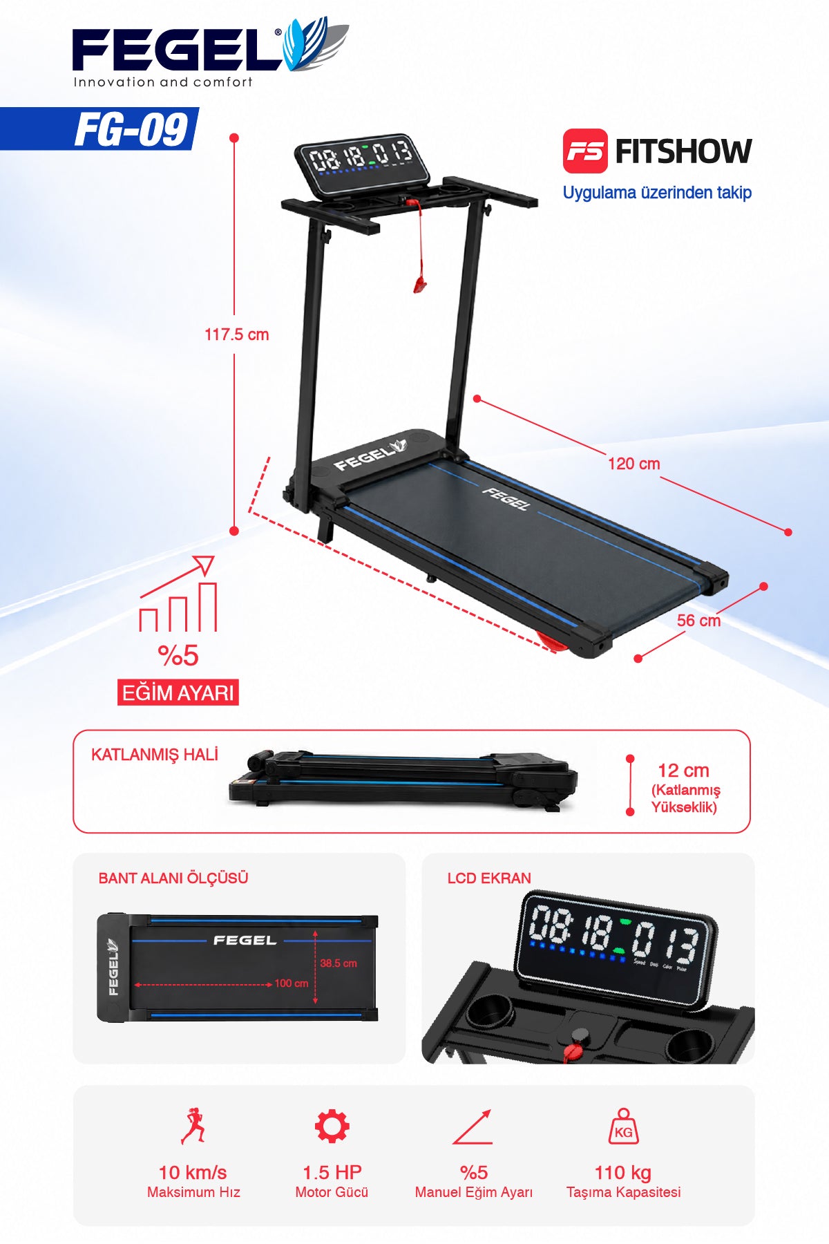 FG-09 koşu bandı ölçüleri ve teknik özellikler