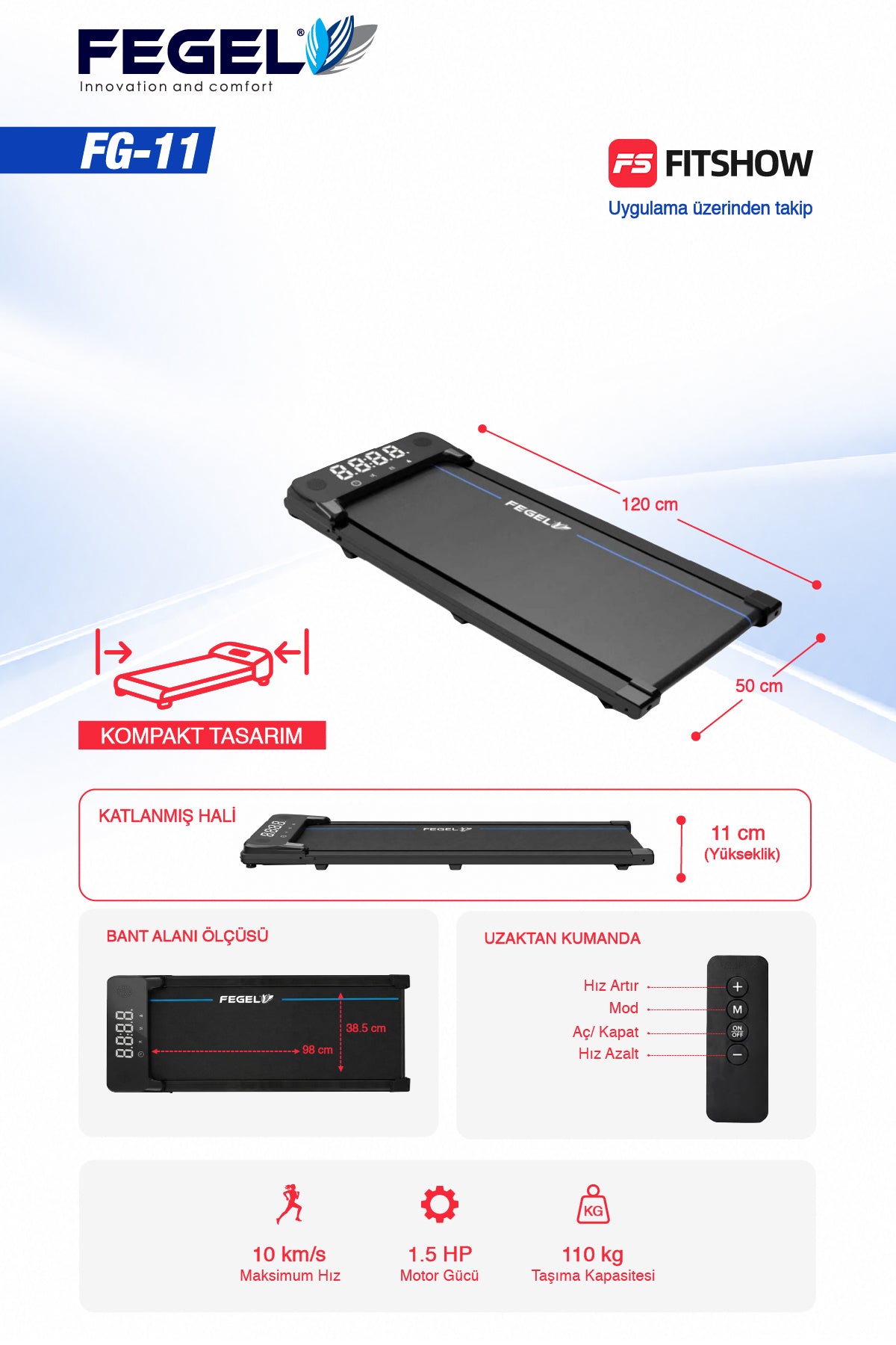 FG-11 koşu bandı ölçüleri ve teknik özellikler