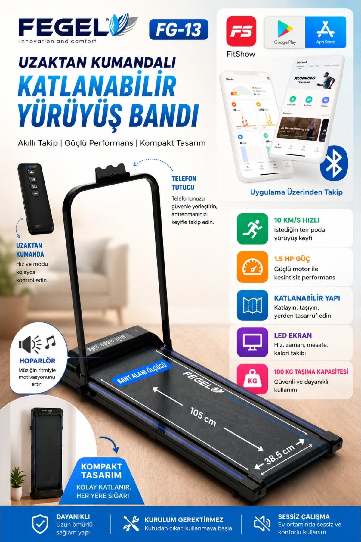 Katlanabilir Yürüyüş ve Koşu Bandı | Bluetooth Hoparlörlü & Uygulama Destekli / FG-13