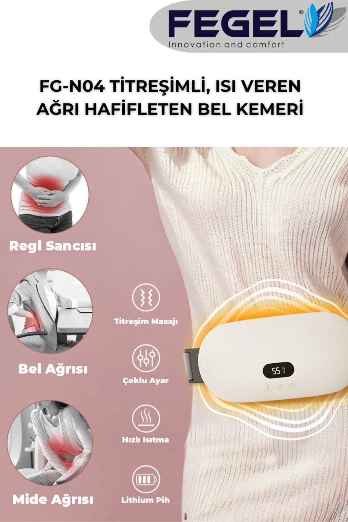 FG-N04 Titreşim, Isı Veren Şarjlı Özel Gün Kemeri – Regl, Karın ve Bel Ağrı Hafifleten Masaj Cihazı
