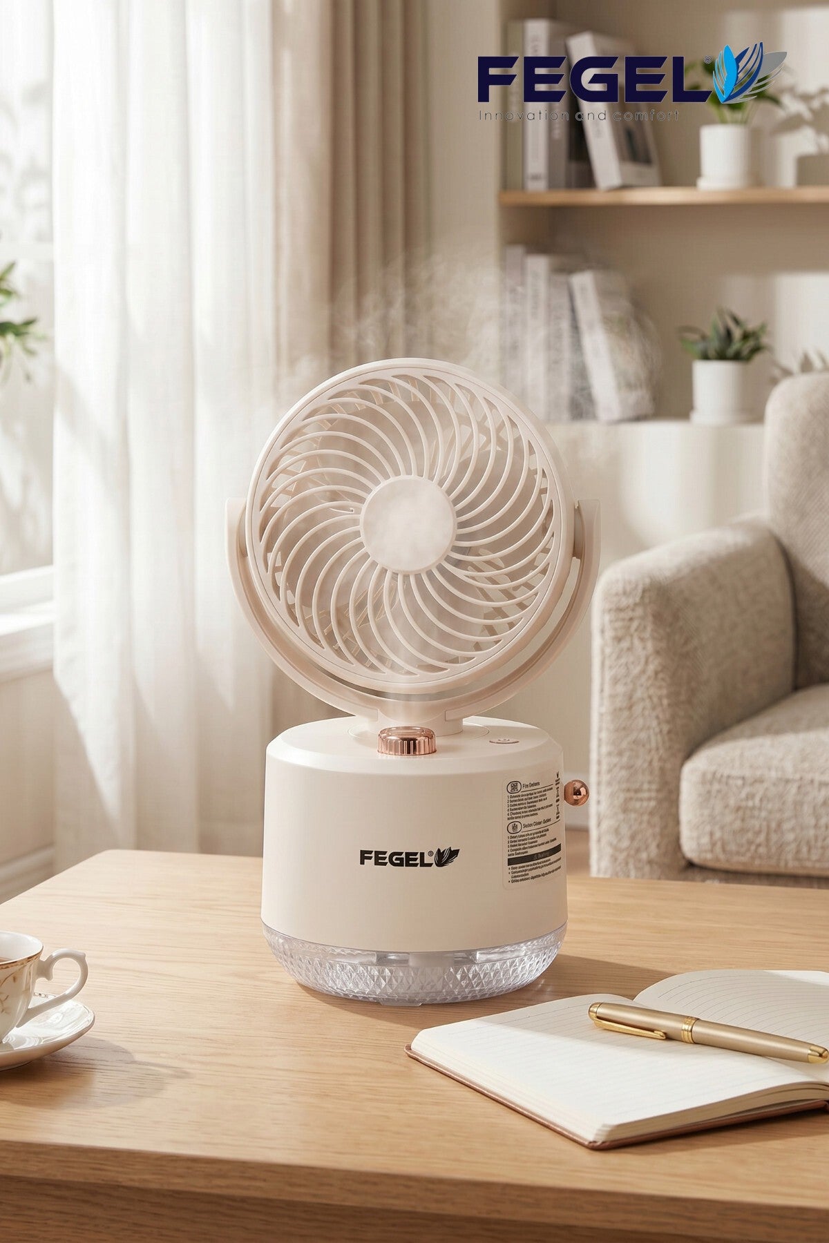 Fegel FG-03 Buharlı Nemlendirmeli Masaüstü Şarjlı Fan - Bej 7