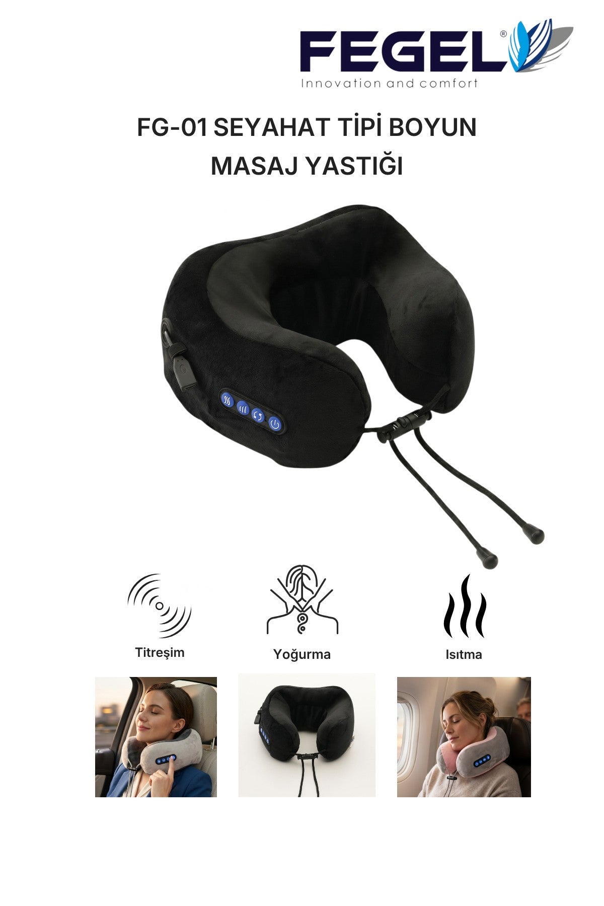 Fegel FG-01 Seyahat Tipi Masajlı Boyun Yastığı - Siyah 4