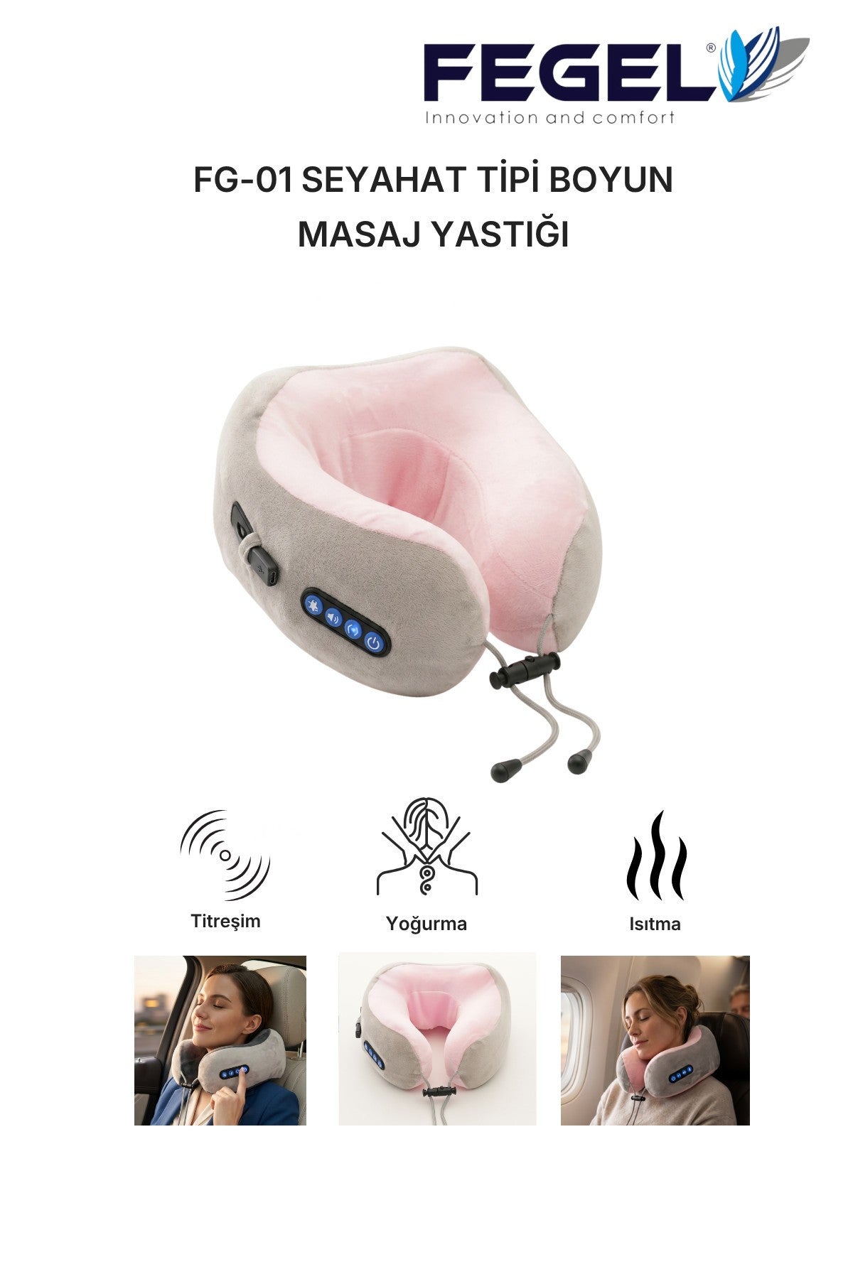 Fegel FG-01 Seyahat Tipi Masajlı Boyun Yastığı - Pembe 4